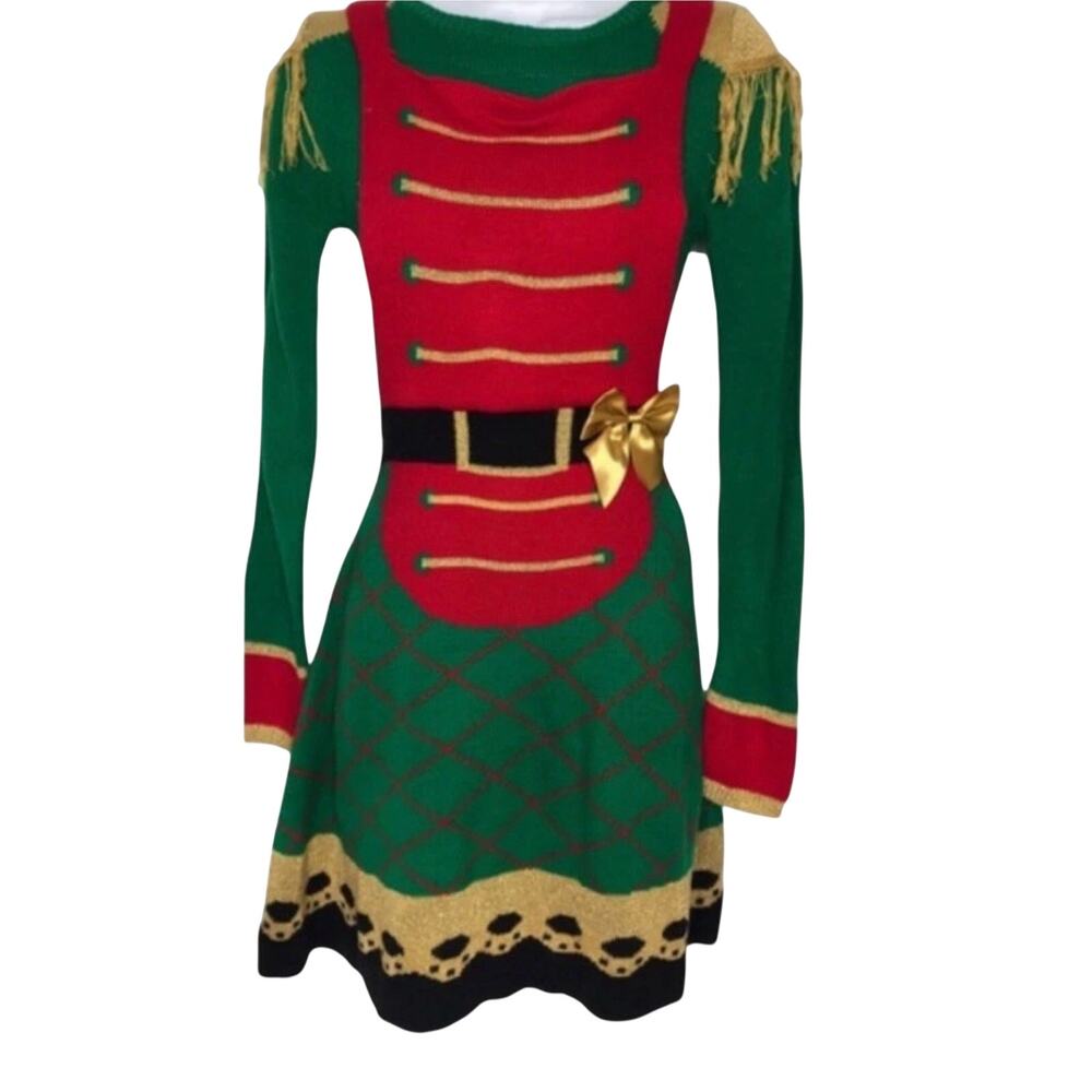 Nutcracker Toy Soldier Sweater Dress Gold Fringe Shimmer Epsulete Gold Bow